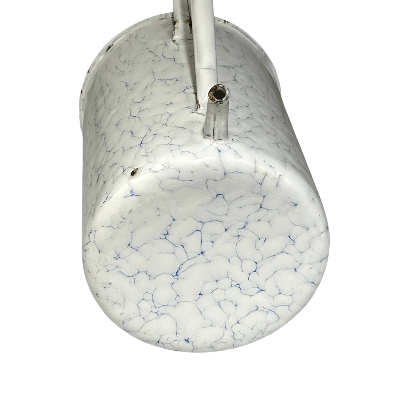White and blue enamelled garden planter with marbled pattern on a white background
