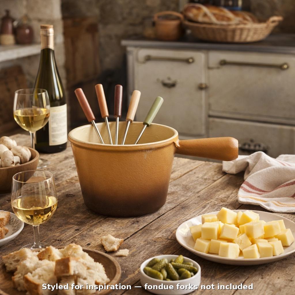Fondue pot with fondue forks on a wooden table with wine and cheese.