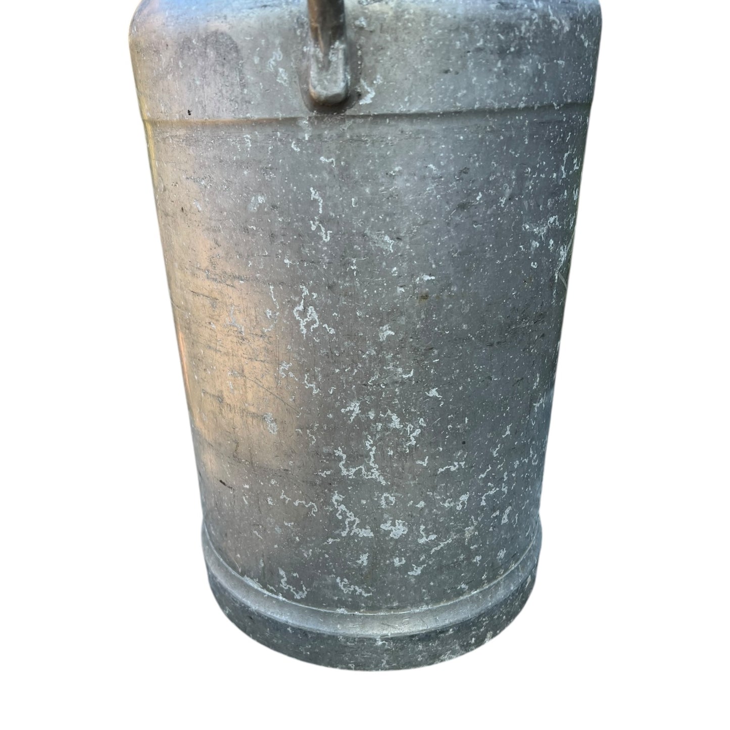 Close up of a Vintage French aluminium milk churn with a lid on a white background