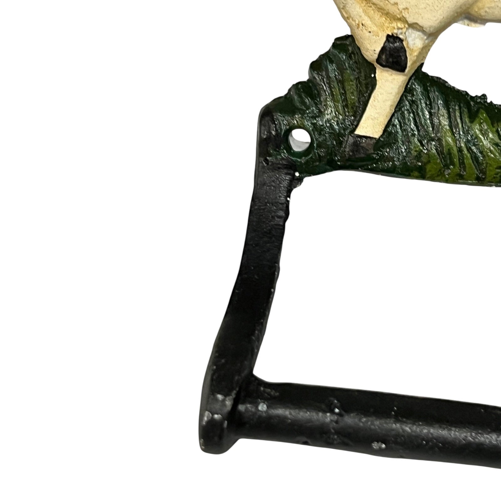 Close up of white horse toilet paper holder against a white background