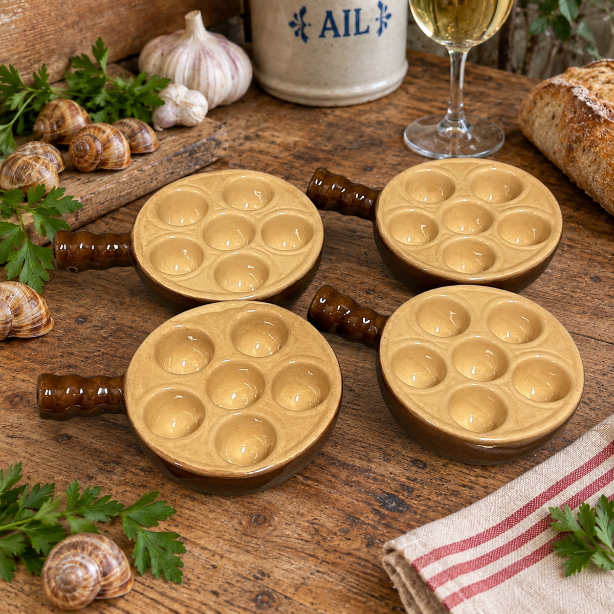 Four round ceramic escargot dishes with handles, arranged on a rustic wooden table with garlic, snails, parsley, bread, and a glass of white wine in the background.