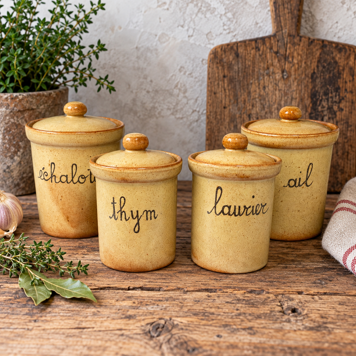Set of four vintage French ceramic kitchen storage jars with matching lids, featuring warm beige speckled stoneware, brown glazed rims and handwritten French labels reading Échalote (shallot), Ail (garlic), Thym (thyme) and Laurier (bay leaf). Arranged on a rustic wooden kitchen worktop against a neutral plaster wall, with a wooden chopping board, fresh herbs, garlic and folded linen cloth. Traditional French country farmhouse kitchen styling, with two taller jars positioned behind two smaller jars. 
