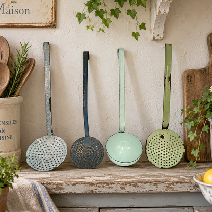 Four vintage-style metal kitchen utensils with long handles, including two skimmers and two ladles, displayed on a rustic wooden shelf in a styled kitchen setting.