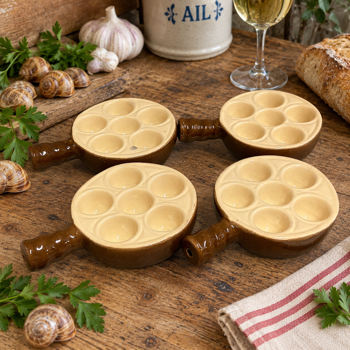 Four ceramic escargots moulds arranged on a rustic wooden table, surrounded by garlic, parsley, a wine glass, bread, and a striped cloth. The plates have brown handles and bases with light beige egg-shaped cavities.