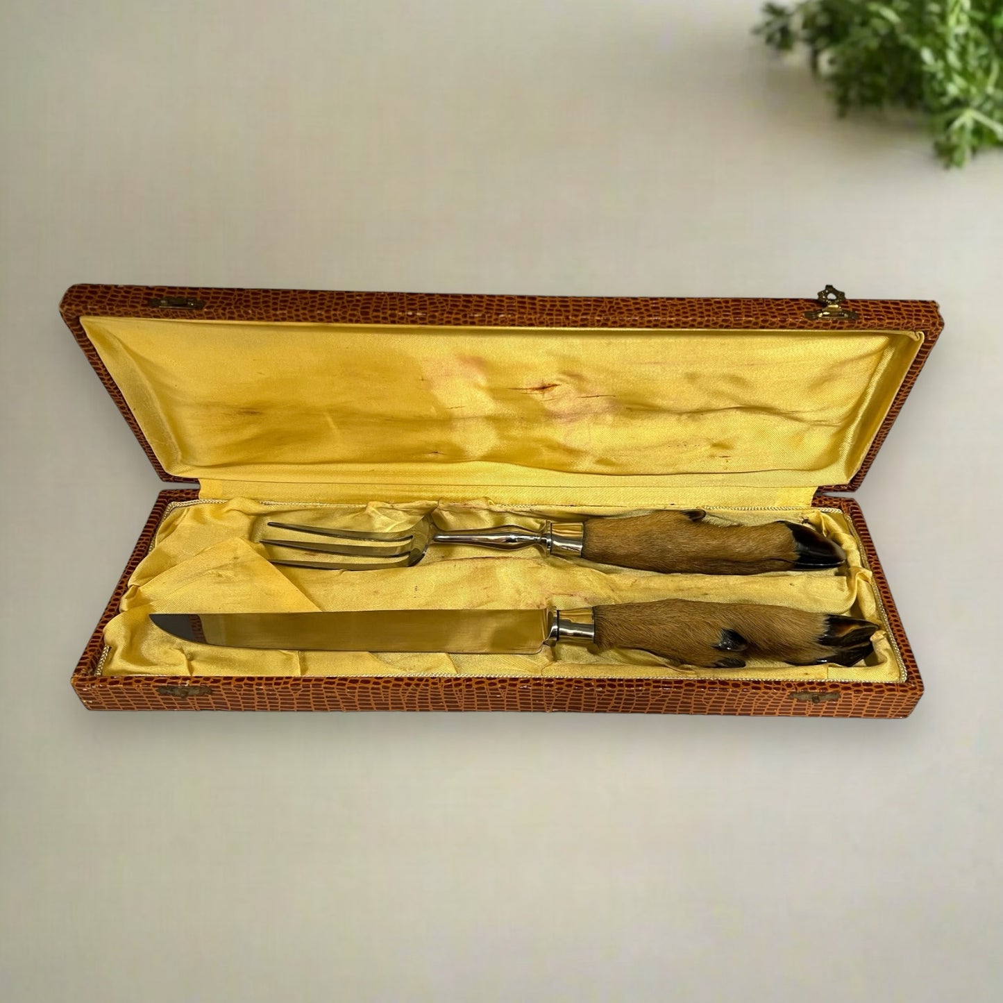 Vintage French Taxidermy Deer Hoof Handle Cutlery Set in original Box