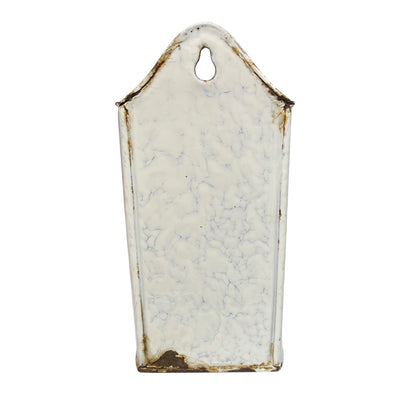 A vintage-style enamel wall planter with a distressed white and gray marbled pattern and brown rust-like detailing along the edges, featuring a hanging loop at the top.