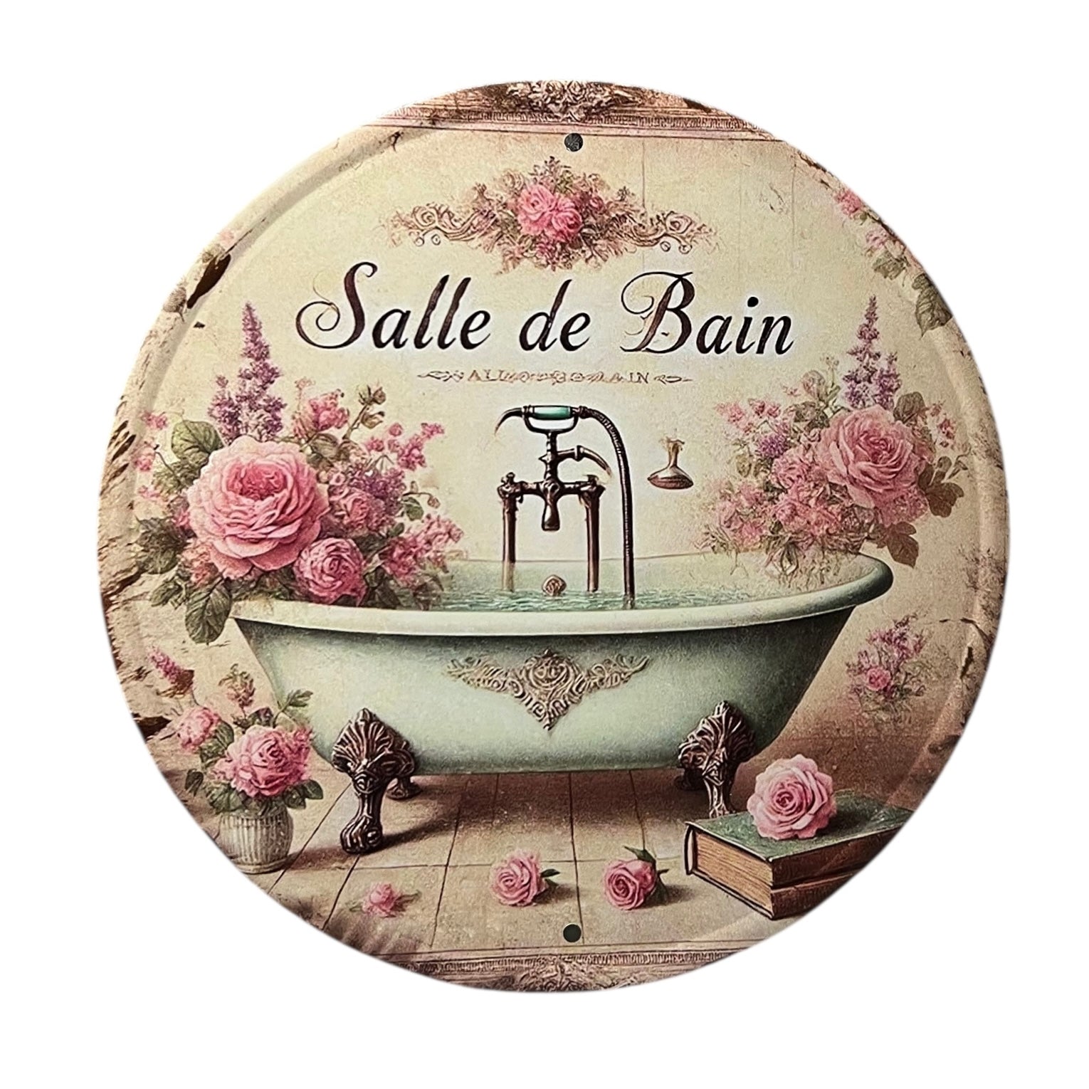 Decorative sign with vintage bathtub design and floral elements, featuring the text 'Salle de Bain'.
