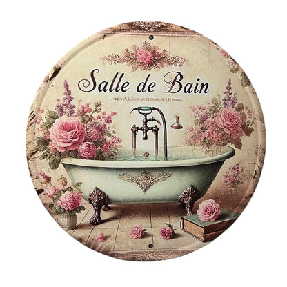 Decorative sign with vintage bathtub design and floral elements, featuring the text 'Salle de Bain'.