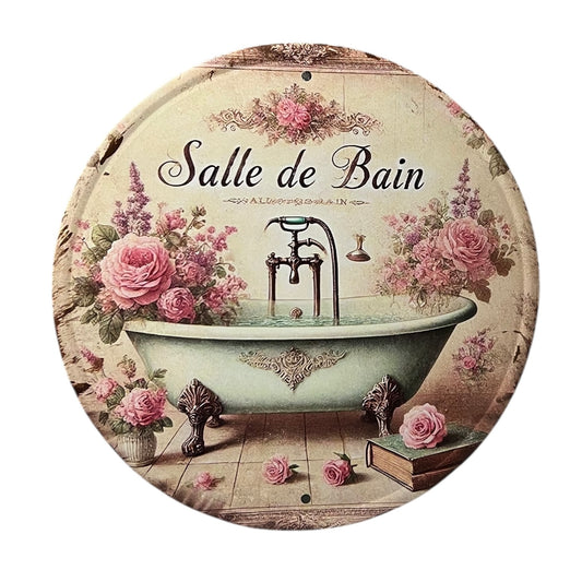 Decorative sign with vintage bathtub design and floral elements, featuring the text 'Salle de Bain'.