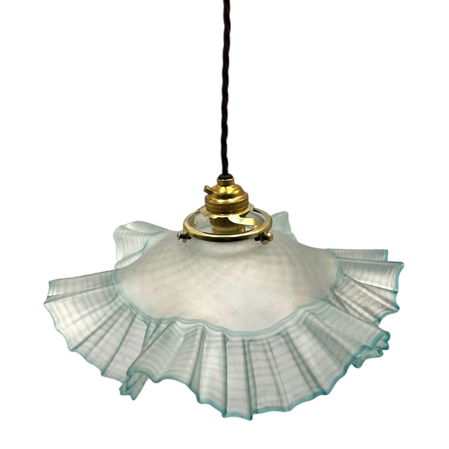 Vintage French Pendant Light, Blue Frosted Glass Hanging Lampshade 