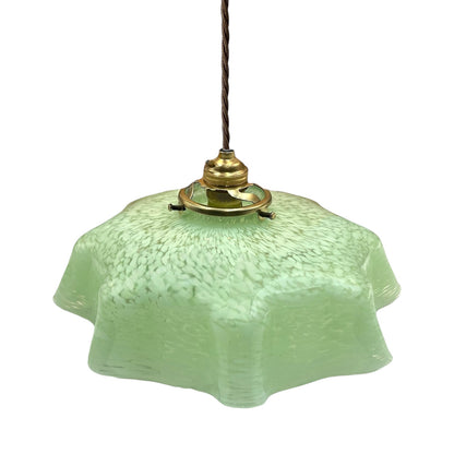 Vintage French Pendant Light, Green Mottled Milk Glass Hanging Lampshade 