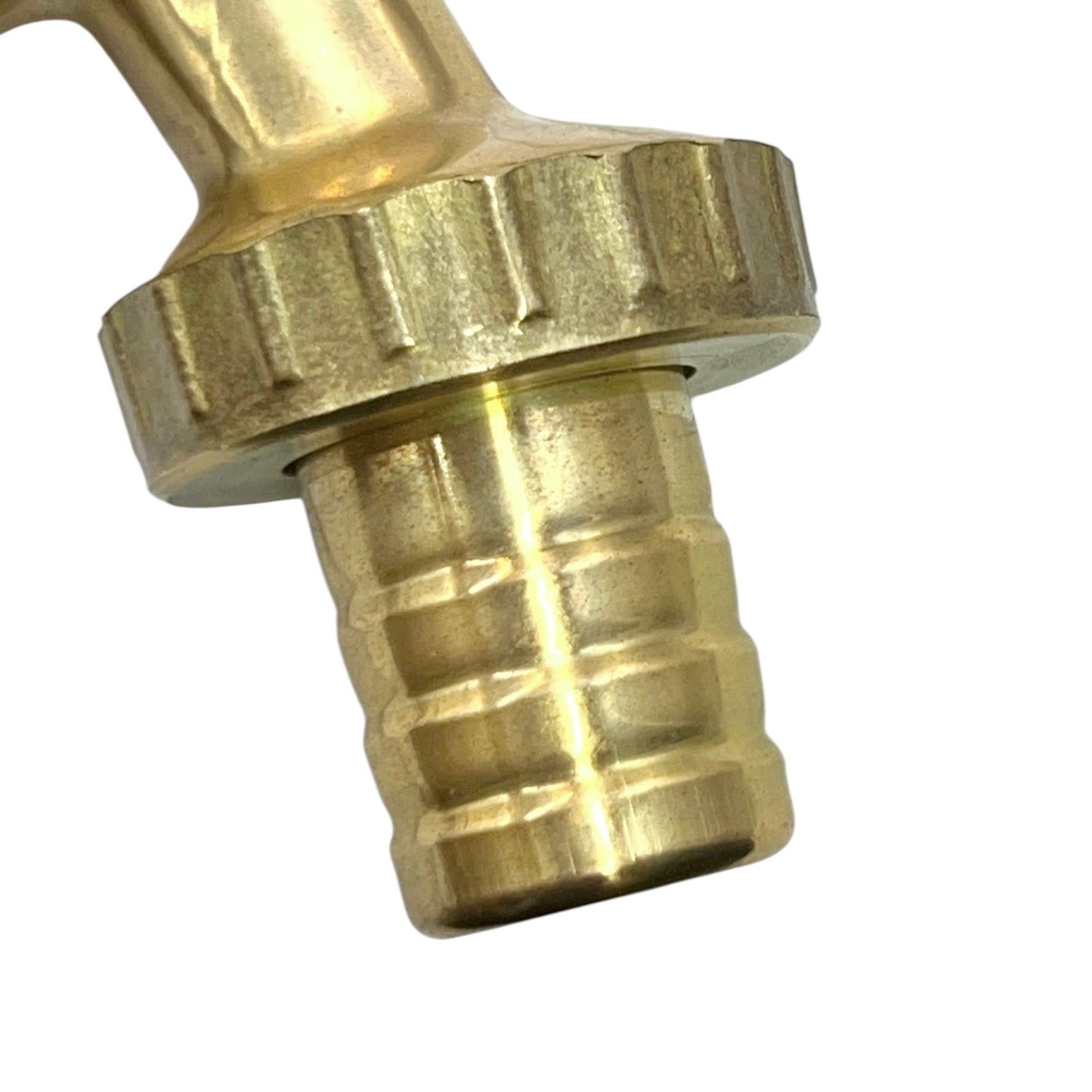 Close-up of a brass hose connector fitting with a threaded male connection and a ribbed female hose end, shown on a plain white background.