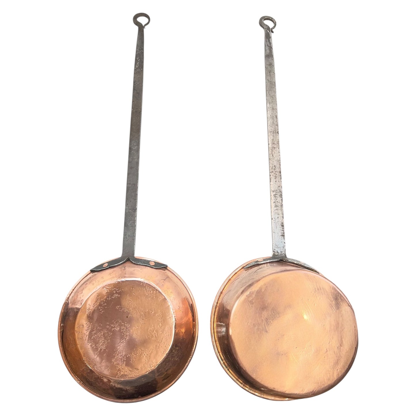 Pair of French Copper Pans with Long Handles – Tin Lined, Rustic Farmhouse Kitchen Decor