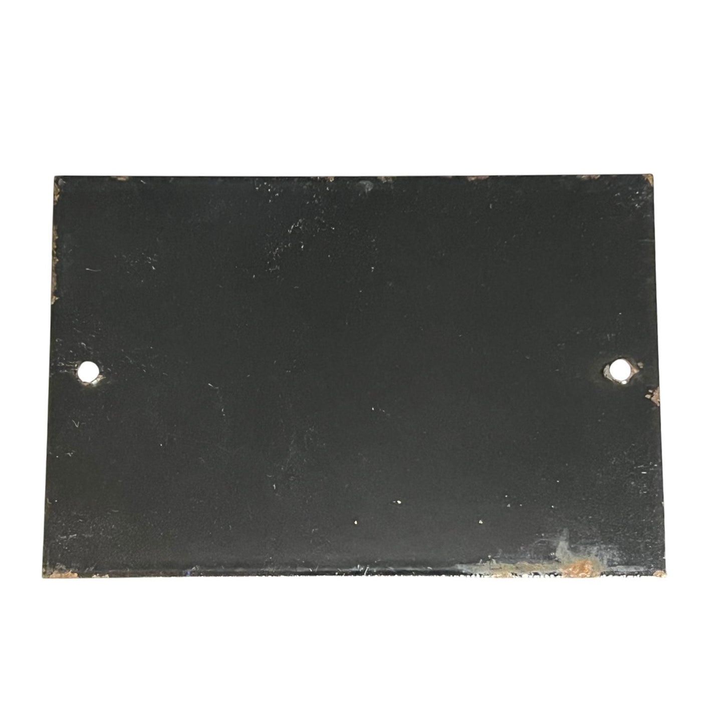 A rectangular black metal plate with two pre-drilled holes, one on each side, shown against a plain white background.