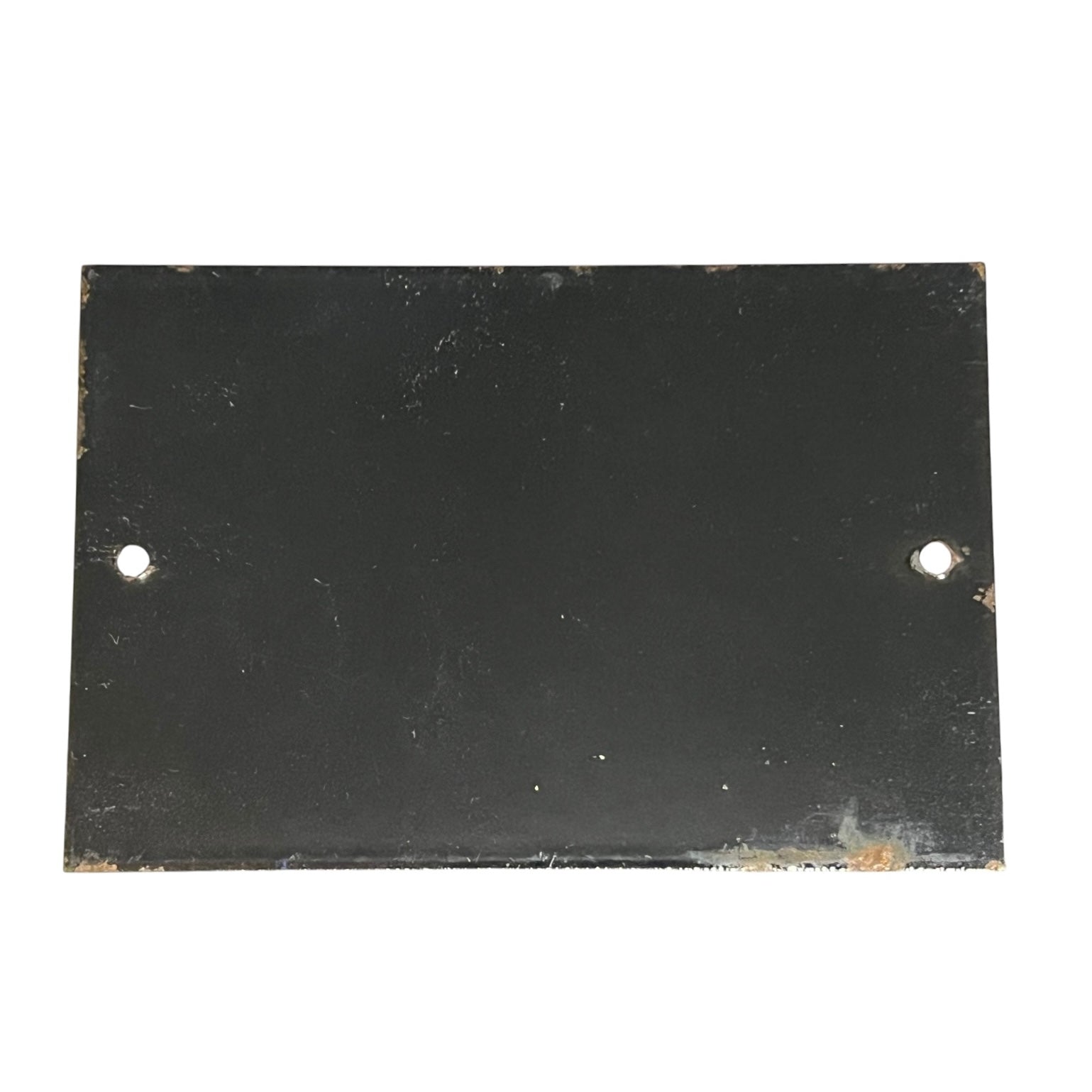 A rectangular black metal plate with two pre-drilled holes, one on each side, shown against a plain white background.