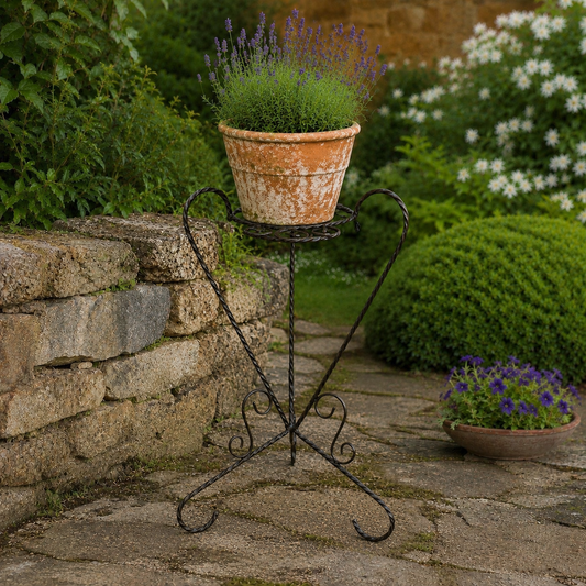 A French vintage wrought iron plant stand, featuring elegant scrolled designs, set against a charming rustic garden backdrop, perfect for a cosy country cottage garden.