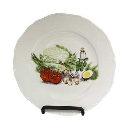 Porcelain plate with decorative salad vegetable illustrations on a white background