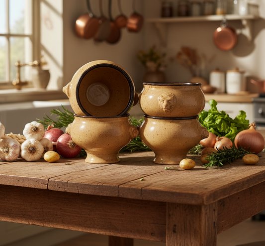 Decorative ceramic pots on a wooden table with vegetables in a kitchen setting