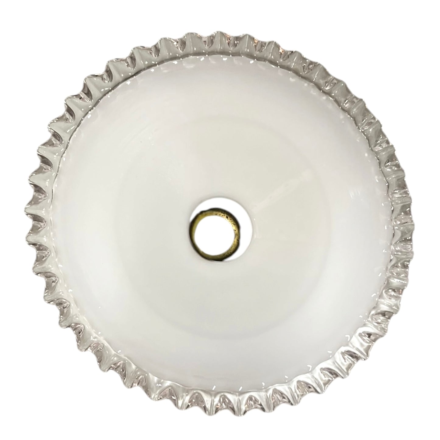 Round glass lamp shade with decorative rim on a white background