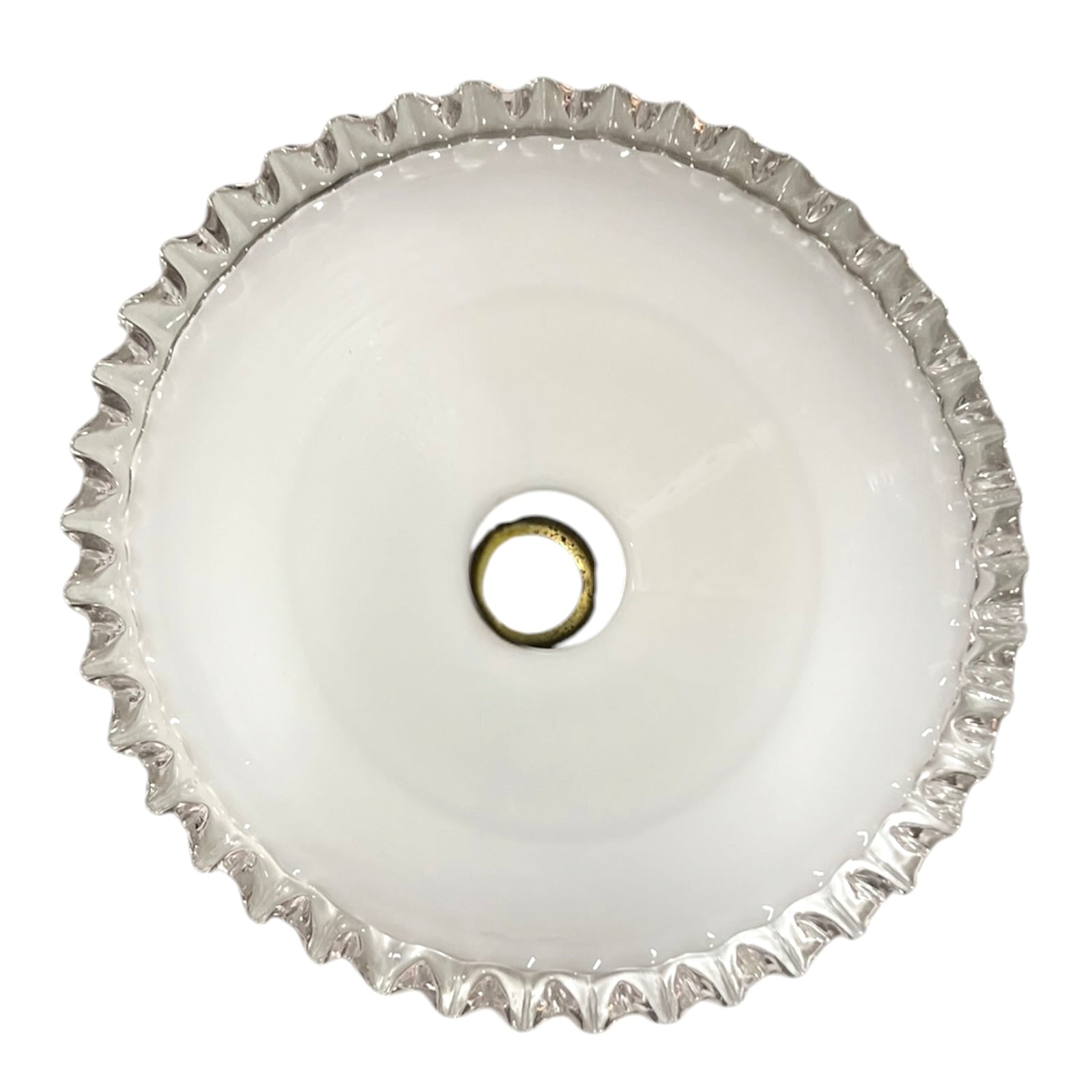 Round glass lamp shade with decorative rim on a white background