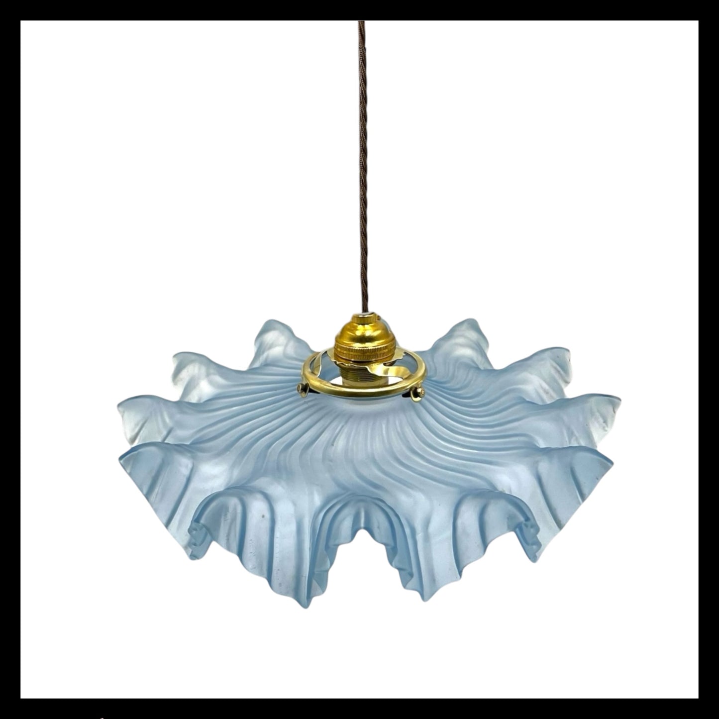 Vintage French Pendant Light, Blue Frosted Glass Hanging Lampshade 