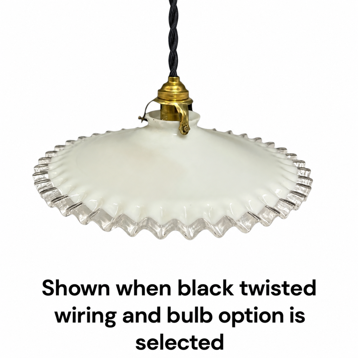 A vintage-style pendant light with a white ribbed glass shade and a brass-colored metal fitting, suspended by a black twisted wire. Text below reads: 'Shown when black twisted wiring and bulb option is selected'.