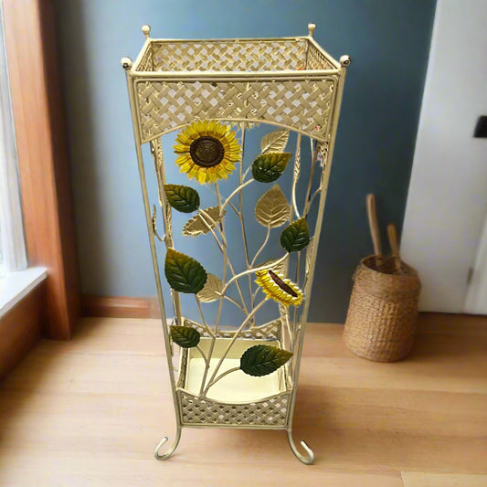 French metal umbrella stand shabby chic in style with a sunflower decoration for sale from All Things French Store
