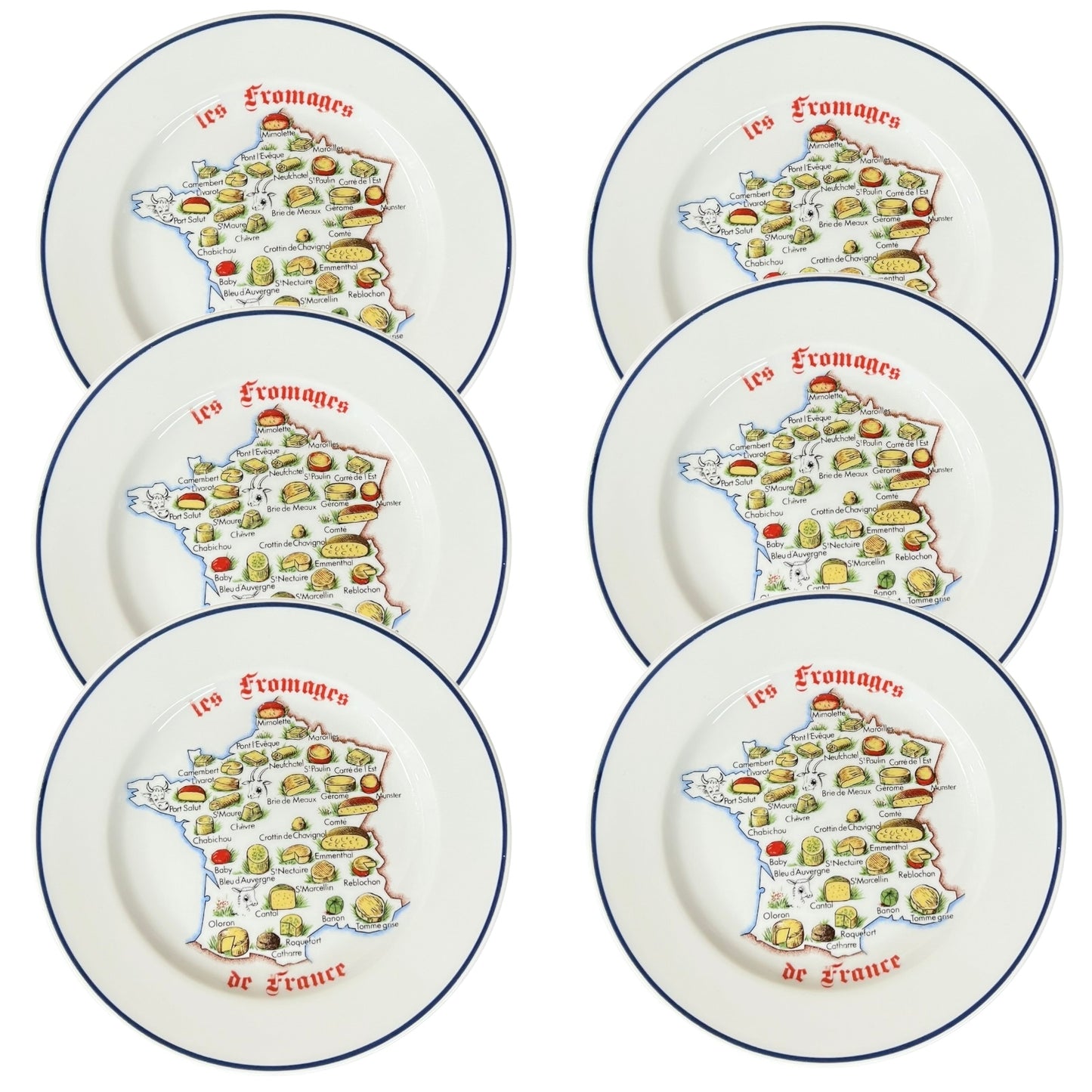 Set of six plates with a map of France and illustrations of French cheeses.