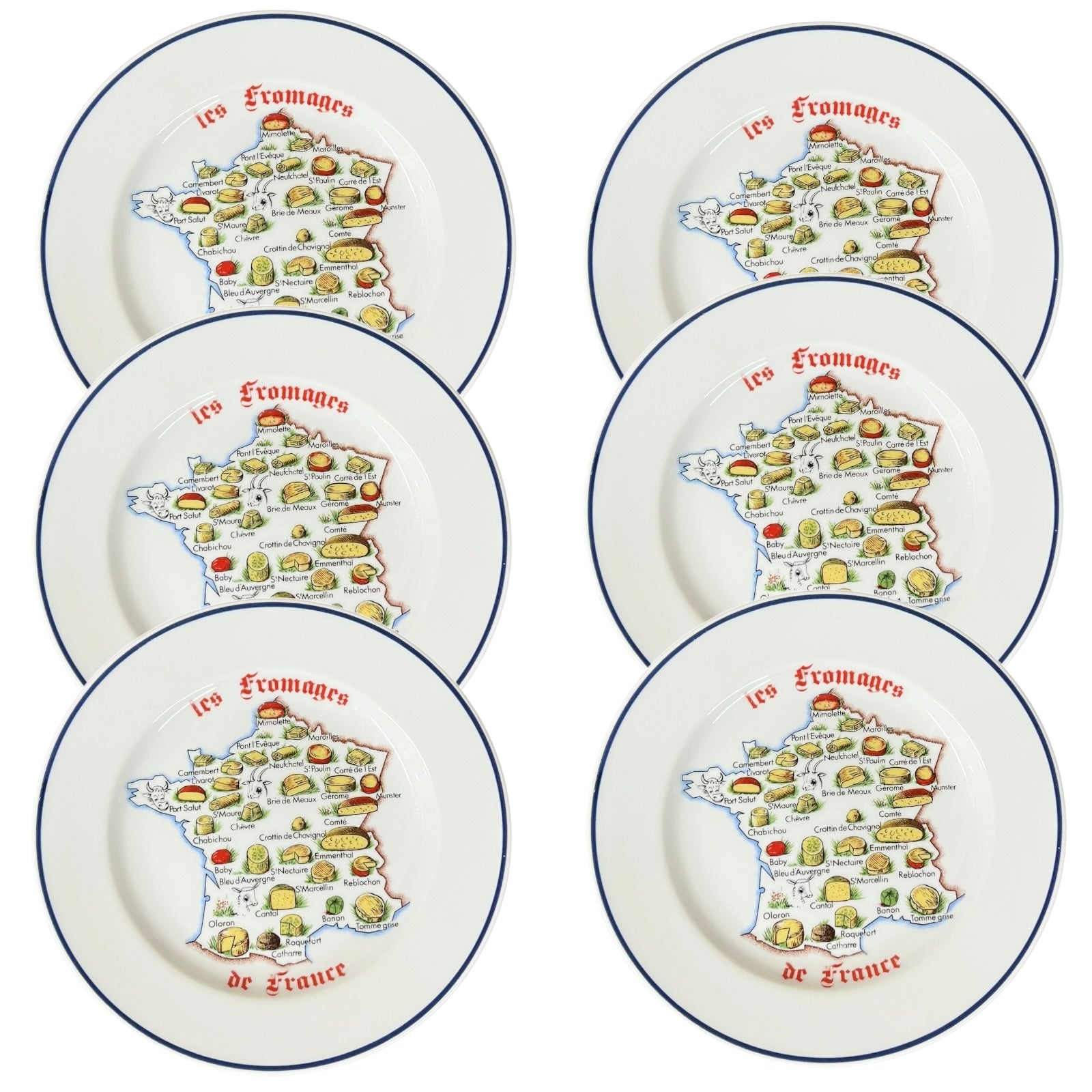 Set of six plates with a map of France and illustrations of French cheeses.