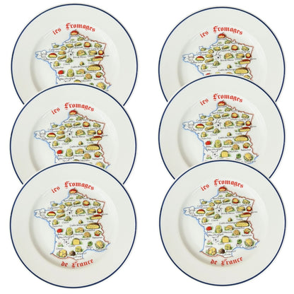 Set of six plates with a map of France and illustrations of French cheeses.