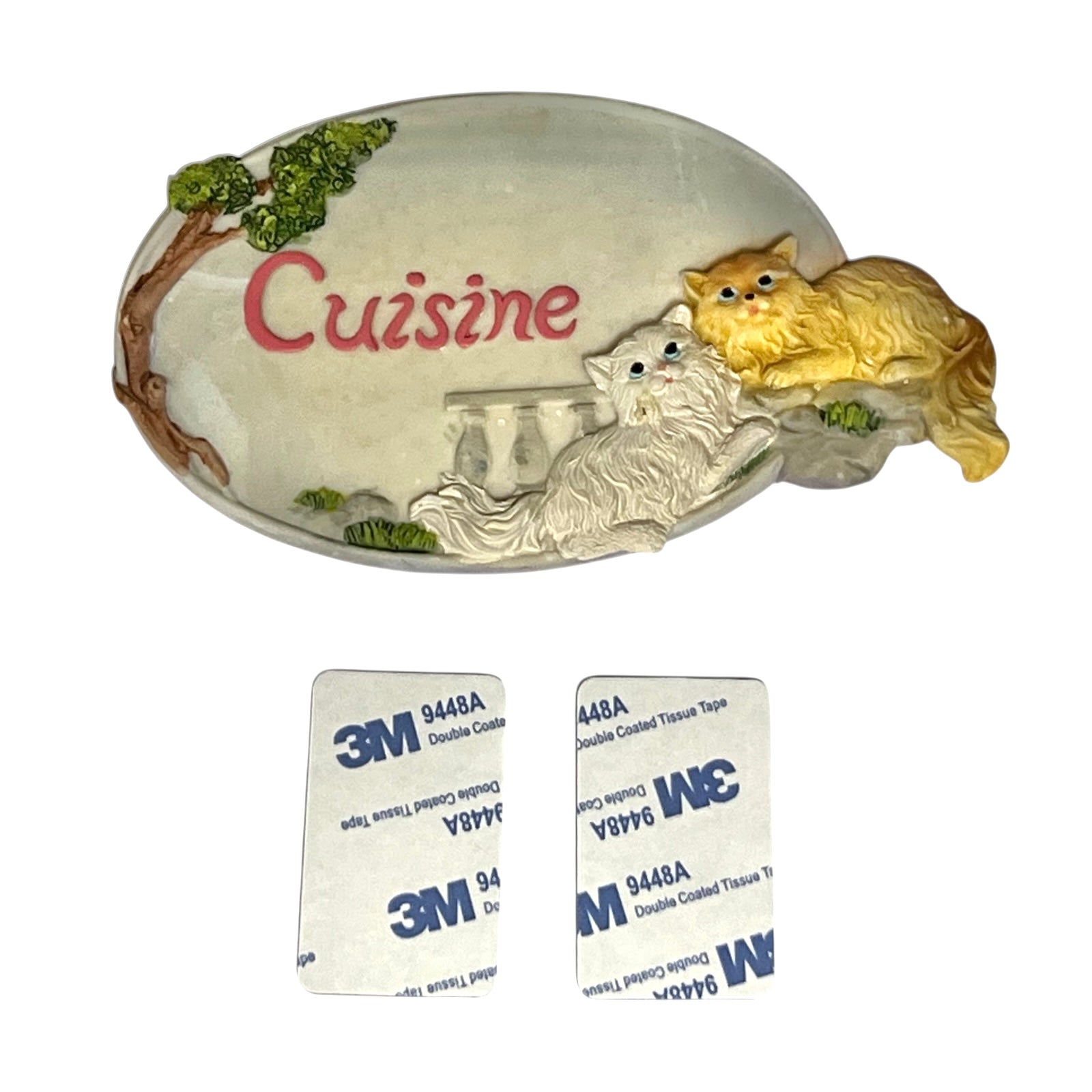 close up of shabby chic Cuisine kitchen door sign with a cat decoration and 2 sticky pads on a white background 