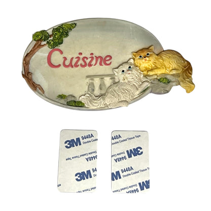 close up of shabby chic Cuisine kitchen door sign with a cat decoration and 2 sticky pads on a white background 