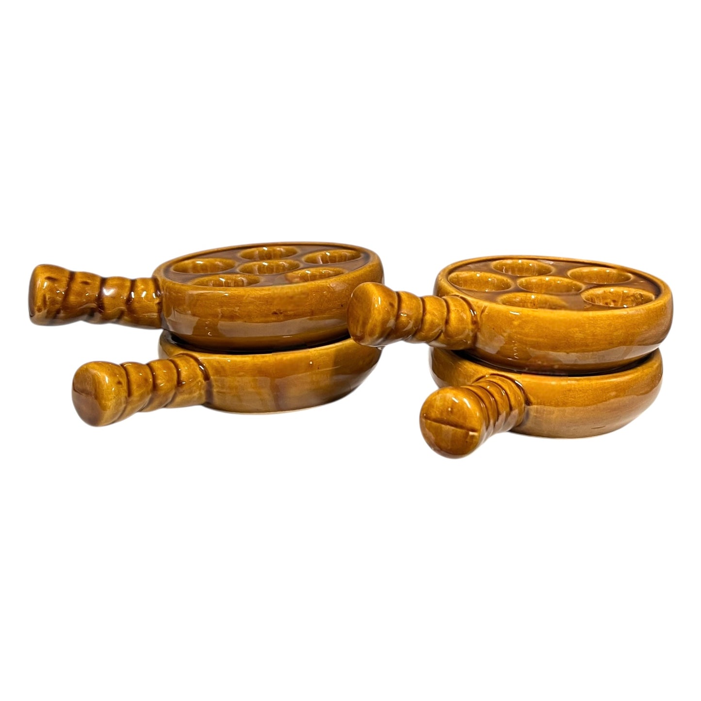 French brown ceramic escargots pots with multiple compartments on a white background