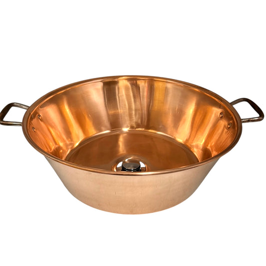 French upcycled copper basin sink with side handles and a chrome-topped drain, perfect for adding charm to a rustic bathroom, camper van, or cloakroom, displayed against a white background.