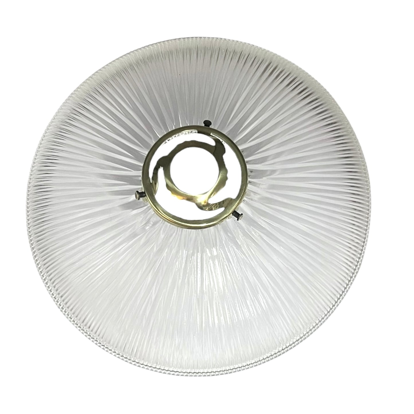 Round glass light fixture with ribbed design on a white background