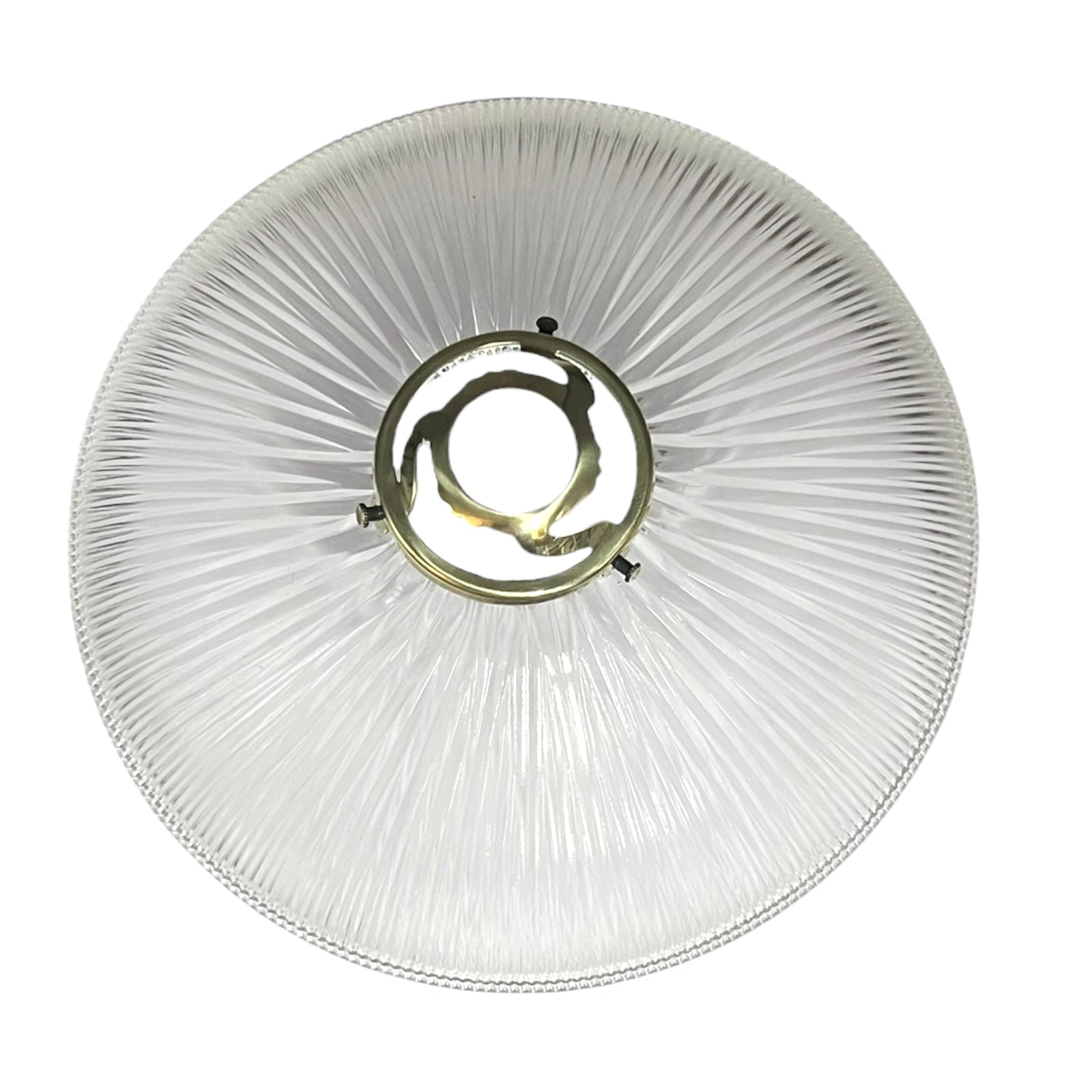 Round glass light fixture with ribbed design on a white background