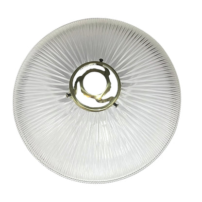 Round glass light fixture with ribbed design on a white background