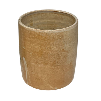 A rustic, cylindrical ceramic planter or pot with a textured, earthy tan-brown finish, shown against a plain white background.