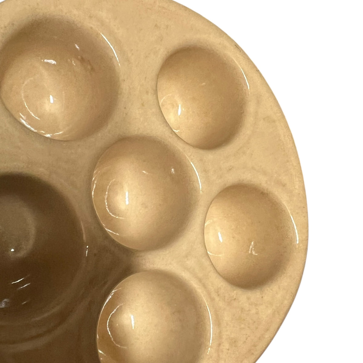 Close-up of a beige ceramic plates with  oval wells, shown against a white background.