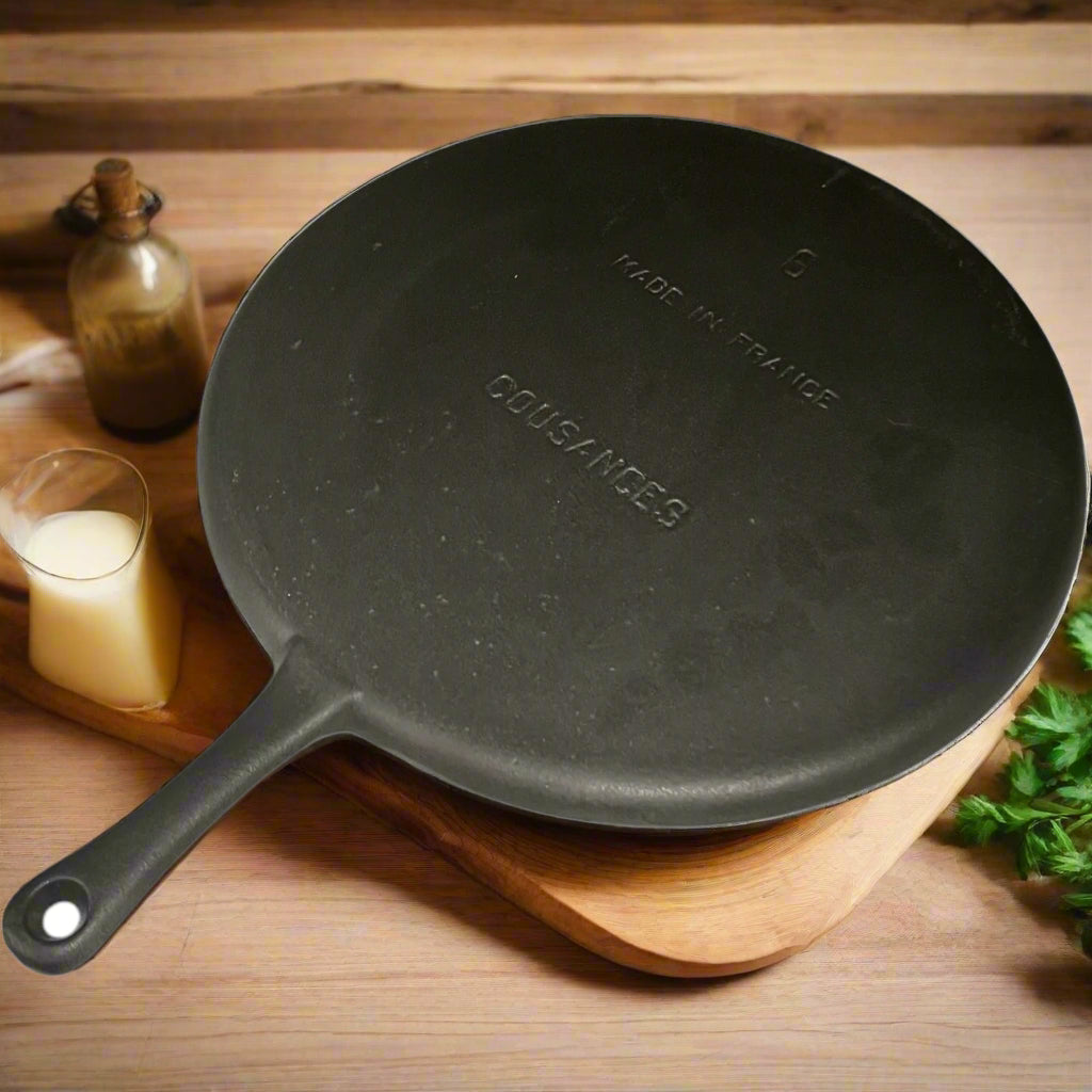 Vintage black cast iron Cousances Crepe Pan or pancake pan