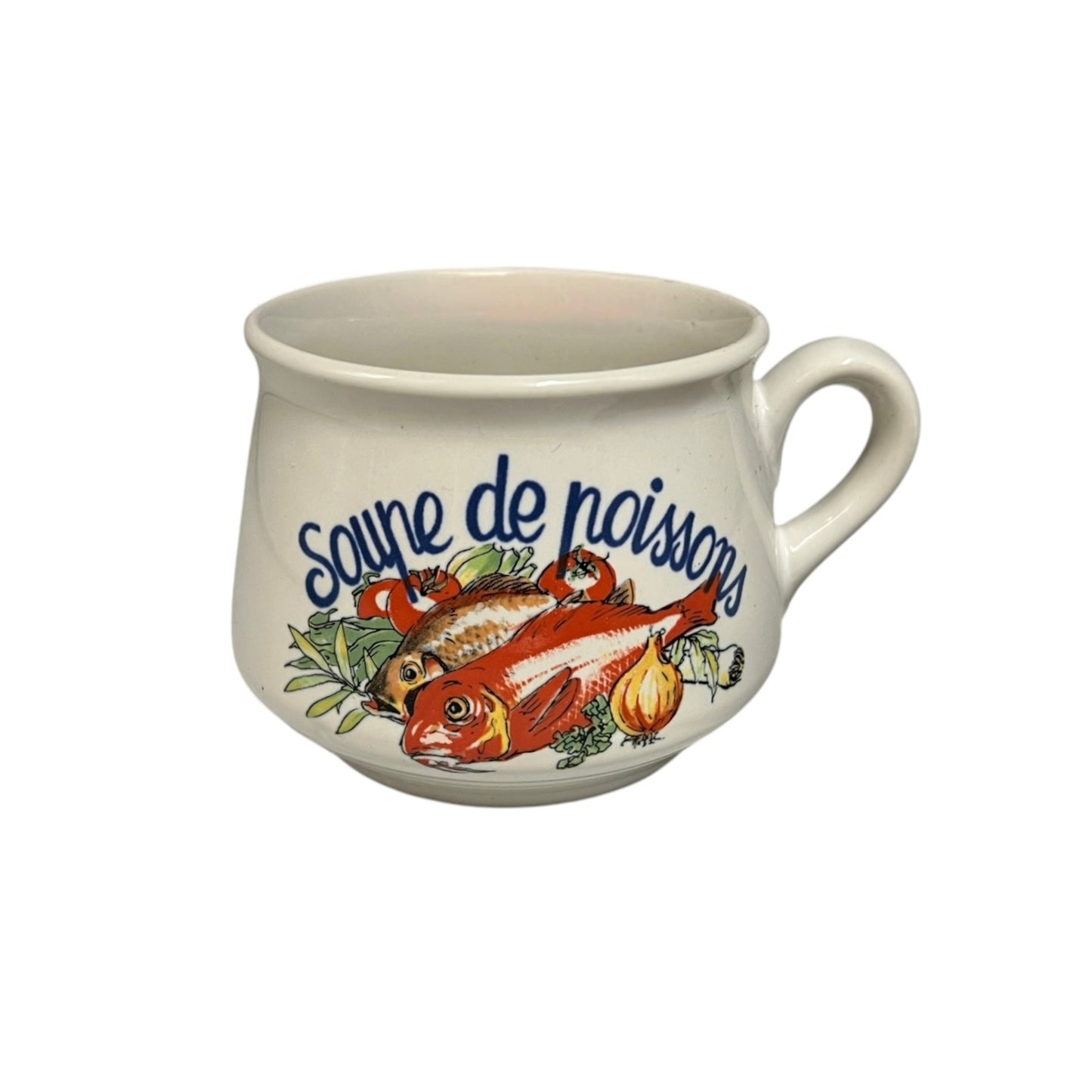 Mug with fish design and text 'Soupe de poisson' on a white background