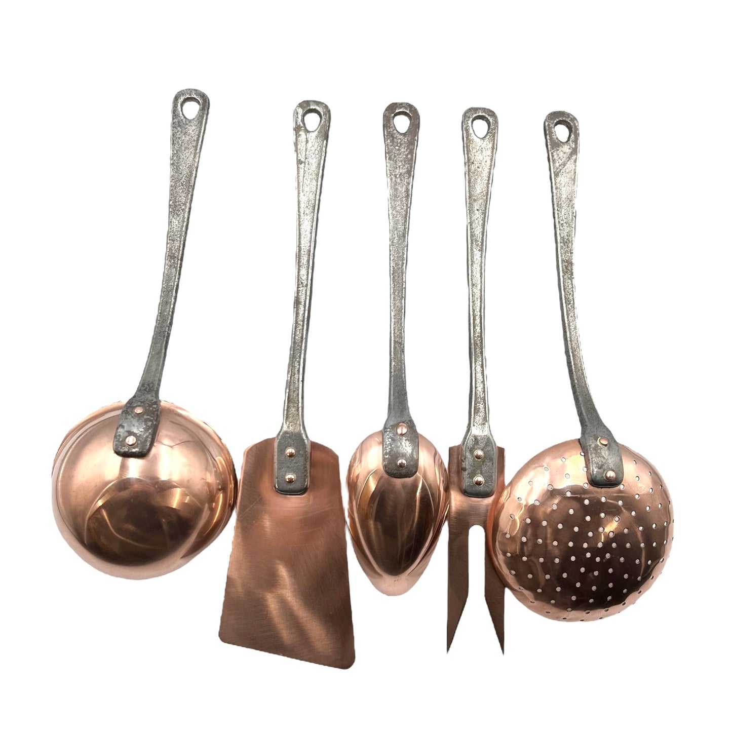 Set of 5 French vintage copper cooking utensils with cast iron handles 