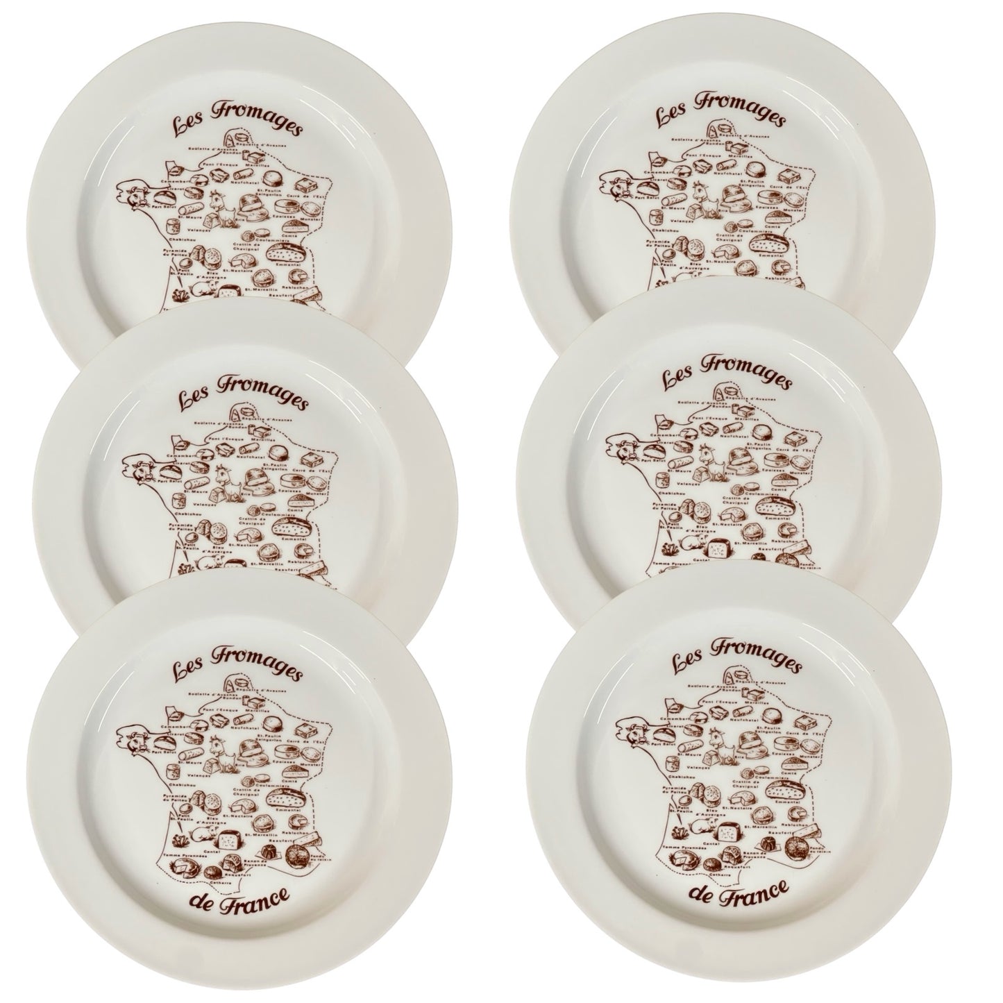 Set of six white plates with 'Les Fromages de France' design on a white background