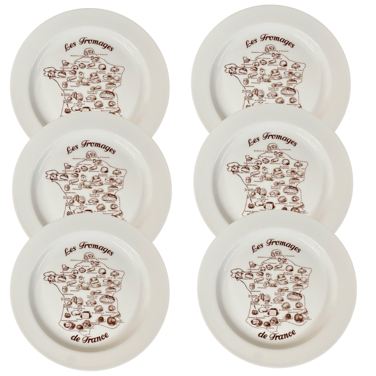 Set of six white plates with 'Les Fromages de France' design on a white background