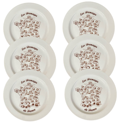 Set of six white plates with 'Les Fromages de France' design on a white background