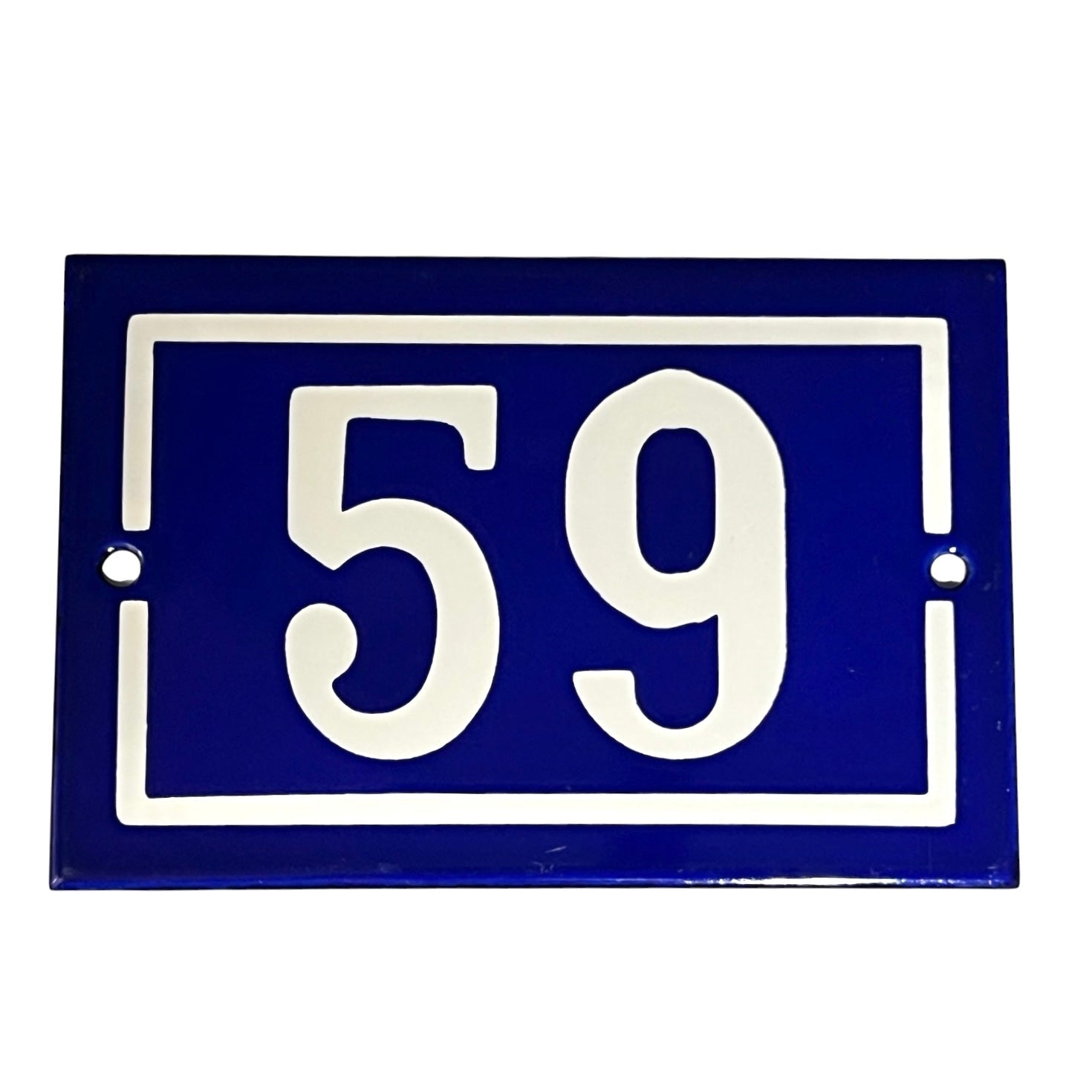 Blue and white enamel door number 59 on a white background 