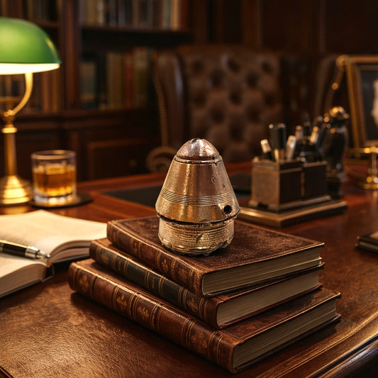 Vintage desk setup with leather-bound books, a lamp, and a small metallic sculpture.