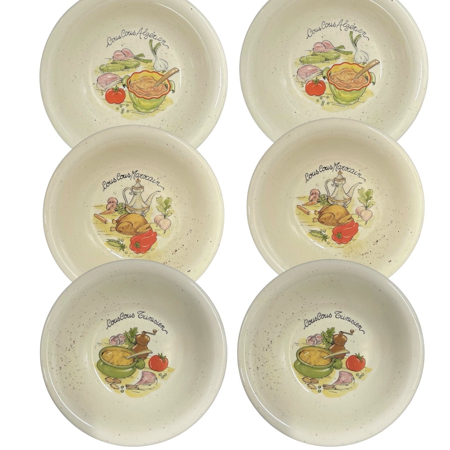 Set of six ceramic bowls with decorative illustrations on a white background