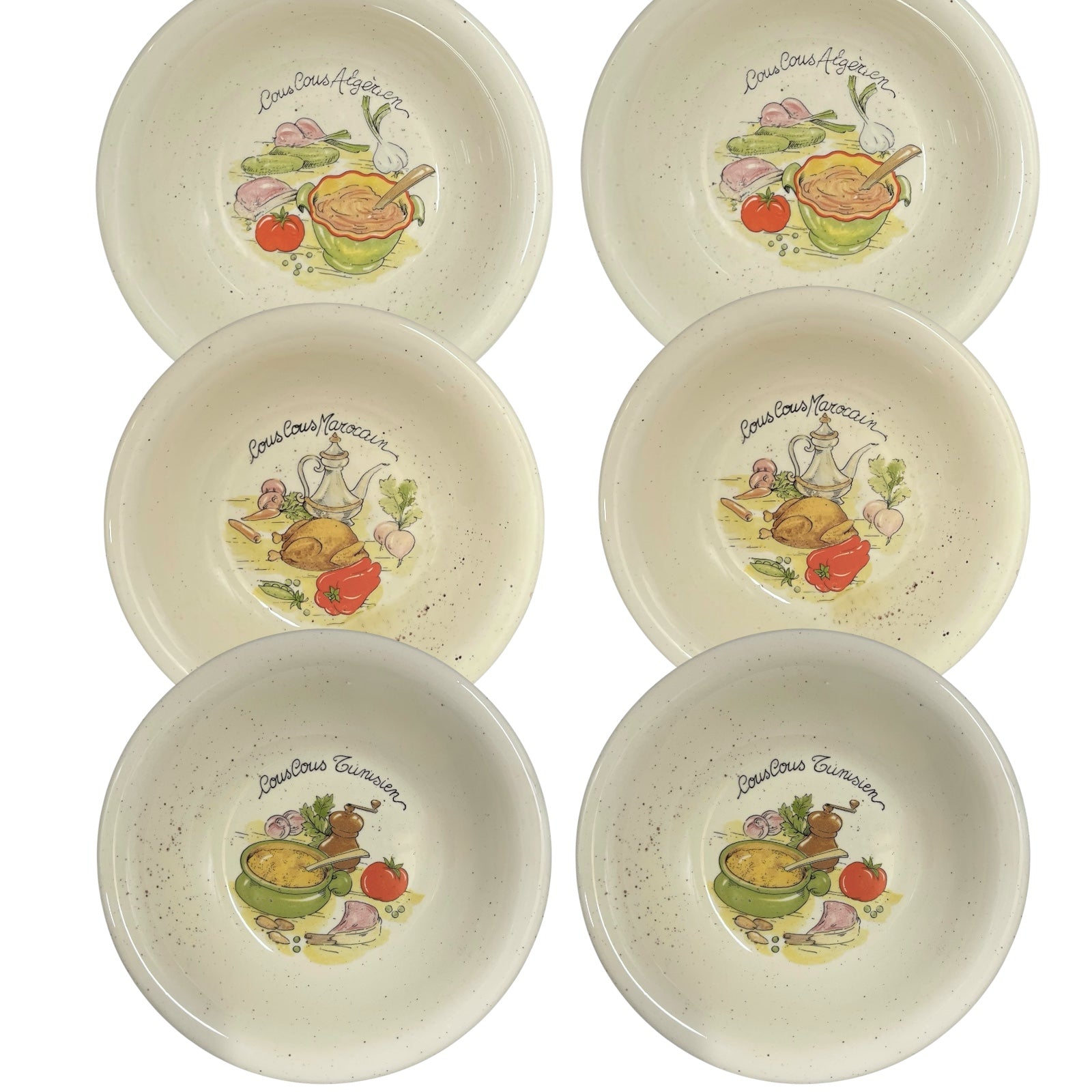 Set of six ceramic bowls with decorative illustrations on a white background