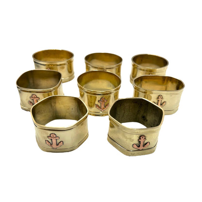 Set of 8 French Vintage Brass & Copper Napkin Rings, Nautical Boating Gift